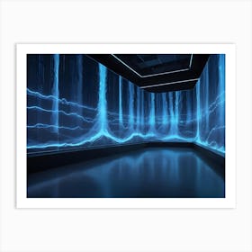 An Empty, Dark Room With A Wall Covered In Blue Lines Of Light That Resemble Falling Rain Or Data Streams Art Print