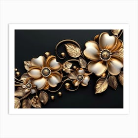 3d Golden Jewelry and Flowers Art Print