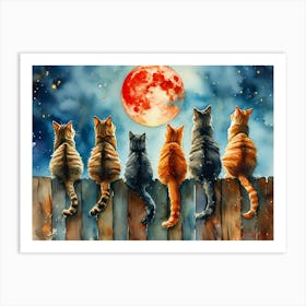 Six Cats Sitting On A Wooden Fence Pt. 2 Art Print