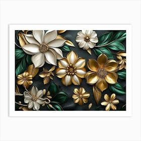 Luxury Floral Seamless with Flowers Elegant Leather Texture Illustration Background in Golden and Green White Art Print