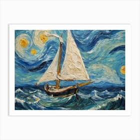 Sailboat In The Ocean With Sky And Stars Art Print