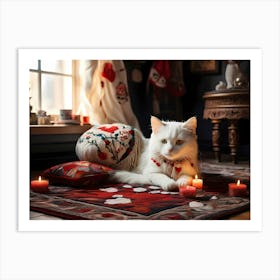 White Cat With Candles Art Print