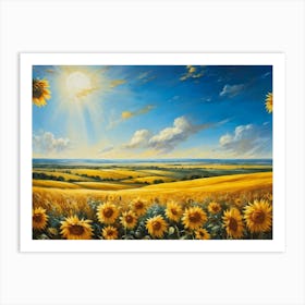 A Sun Drenched Pastoral Scene Unfolds Featuring Towering Sunflowers Reaching For The Bright Golden (4) Art Print