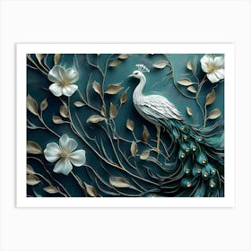 3d Modern Painting Abstraction Art With White, Dark Green And Golden And Flowers With Feathers Art Print