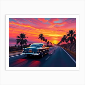 Sunset At The Beach With A Vintage Car Art Print