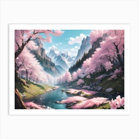 Cherry Blossom with Mountain River and Alps view - Oil Painting #2 Art Print