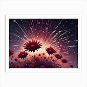 A Fantasy Scene Of Red Flowers Against A Dark Blue Background With Stars And Fireworks Art Print