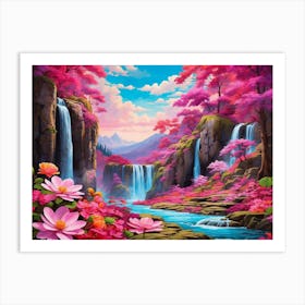 Waterfall In Pink Flowers Art Print