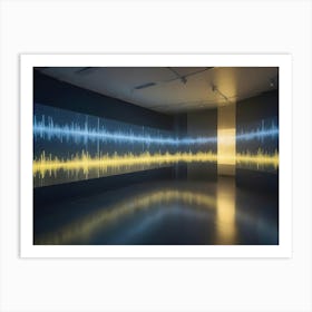 An Empty Room With A Screen Displaying A Blue And Yellow Sound Wave Pattern, Reflected On The Glossy Floor Art Print