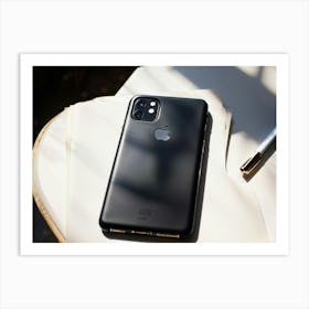 Black Leather Phone Case Mock Up Rests Slightly Open On A Pristine White Table Beside A Vintage No Art Print