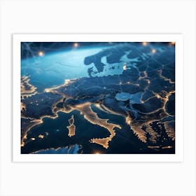 Satellite View Of Europe At Night, Illuminated By City Lights And Interconnected By Glowing Lines, Symbolizing Global Networks And Communication Art Print