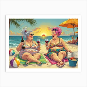 Coastal Seniors with Cheers and Colorful Scenes Older Women Enjoying Life Art Print