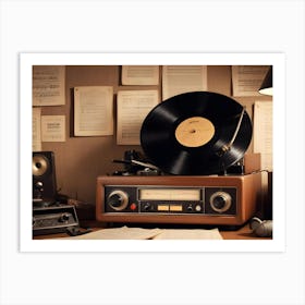 A Vintage Photo Of A Music Studio Setup, Featuring A Turntable, A Radio, A Speaker, Sheet Music, And Headphones Art Print