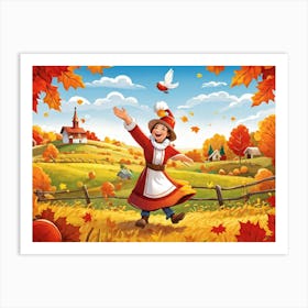 Cartoon Illustration Of A Joyful Feathered Pilgrim Character Adorned With A Traditional Happy Hat (1) Art Print