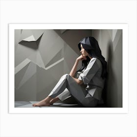 Woman In Grey Suit Sitting In A Geometric Room Art Print