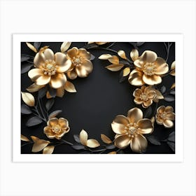 Gold Flowers On Black Background 10 Art Print