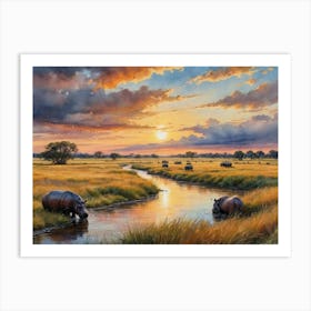 The Cradle of Wildlife Sunset Hippo Art Print