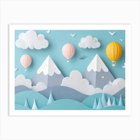 Hand Drawn Childish Art With Mountains, Balloons And Clouds 3 Art Print