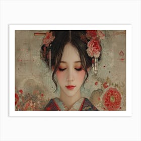 Geisha Grace: Elegance in Burgundy and Grey. Asian Girl 2 Art Print