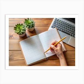 Woman S Hand Writing In A Notebook With A Laptop And Succulents Art Print