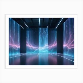 An Abstract Image Of A Futuristic Room With Glowing Light Installations On The Walls Art Print