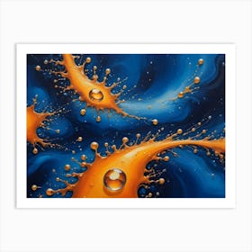 Abstract Art Depicting A Cosmic Scene With Bright Yellow Splashes Of Paint Or Liquid On A Blue Background With Swirls Of Blue, Green, And Purple Art Print