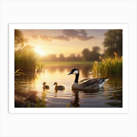 Young Canadian Goose Its Down Feathers Glowing Golden In The Spring Time Swimming Joyfully In A Se Art Print