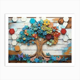 Vibrant With a Whimsical Tree, White Lattice Tiles and Colorful Hexagons on Oak Wood 1 Art Print