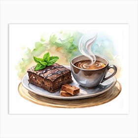 Watercolor Illustration Of Brownie With Coffee Art Print