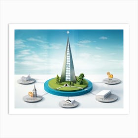 Business And Directional Icons Arrayed In Three Dimensional Space Featuring A Stylized Growing Tre Art Print