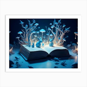 A Magical Scene Of A Book Opened To Reveal A Forest Of White Trees And Mushrooms, With Two Blue Rabbits Sitting On The Pages Art Print