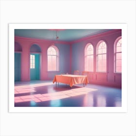 A Bright, Minimal Interior Room With A Pink And Blue Color Scheme, Featuring A Table And Chairs In The Center, With Large Arched Windows And A Door, Bathed In Sunlight Art Print