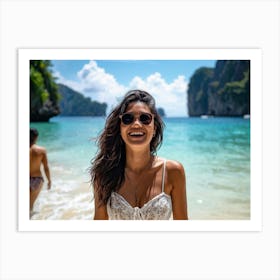 A Single Woman Embodying Leisure And Happiness Embarks On A Tropical Holiday To A Scenic Island In (3) Art Print