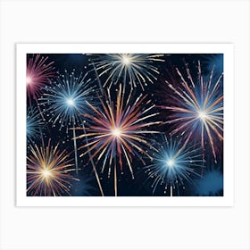 Abstract Background With Stylized Fireworks In A Variety Of Colors Against A Dark Blue Background 1 Art Print