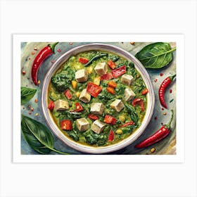 Bowl Of Green Spinach Curry With Tofu, Red Pepper And Chilli Art Print