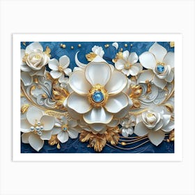 An Intricate 3d Artwork Illustration With A White And Blue Backdrop, Embellished With Gold Jewelry 2 Art Print