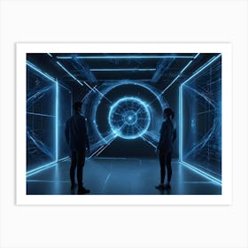 Two People Are Silhouetted Against A Backdrop Of A Glowing Blue Sphere And Lines, Creating A Futuristic And Technological Scene Art Print