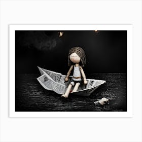 Small Stick Doll Featuring A Crestfallen Expression Seated Atop A Newspaper Crafted Paper Boat Sur Art Print