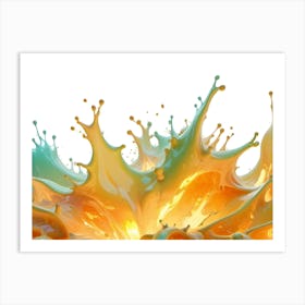 A Splash Of Blue And Orange Liquid, Creating An Abstract Shape On A White Background Art Print