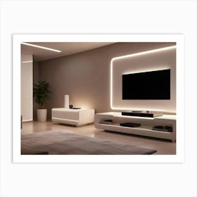 A Modern Living Room Interior With A White Sofa, A Tv, A Plant, A Cabinet, And Accent Lighting Art Print