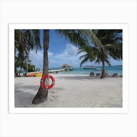 Beach Scene With Palm Trees ocean boats lifepreserver Art Print