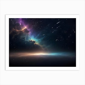 A Breathtaking View Of A Distant Planet S Horizon, With A Colorful Nebula And Shooting Stars Streaking Across The Night Sky Art Print