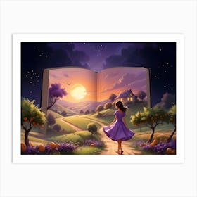 Woman Walking Toward A House On A Hillside With A Book Opening Behind Her 4 Art Print