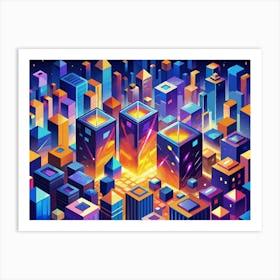 Isometric View Of A Futuristic Neon City Art Print