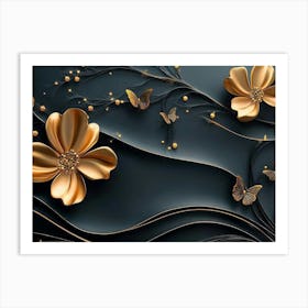 Gold Flowers And Butterflies Art Print