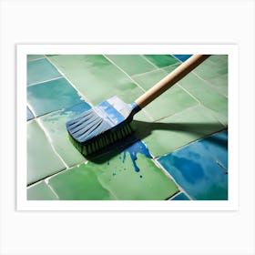 Close Up Of A Blue Cleaning Brush On A Green And Blue Tiled Floor Art Print