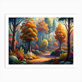 Autumn Forest Scene With A Path And Colorful Trees Art Print