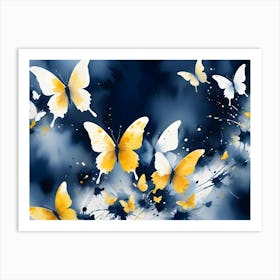 Yellow And White Butterflies In Flight Against A Dark Blue Background With Watercolor Splashes Art Print