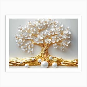 3d Art With Gold Tree Life White Pearl And Flowers 2 Art Print