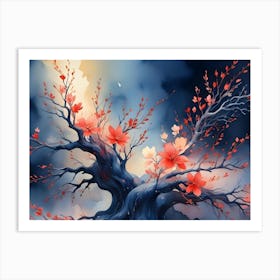 Watercolor Painting Of A Blossoming Tree With Red And White Flowers 1 Art Print